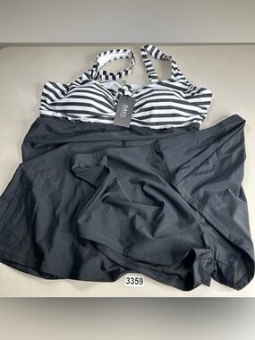DACI Tankini Set Black Stripes 22W Swim Dress With Swim Shorts